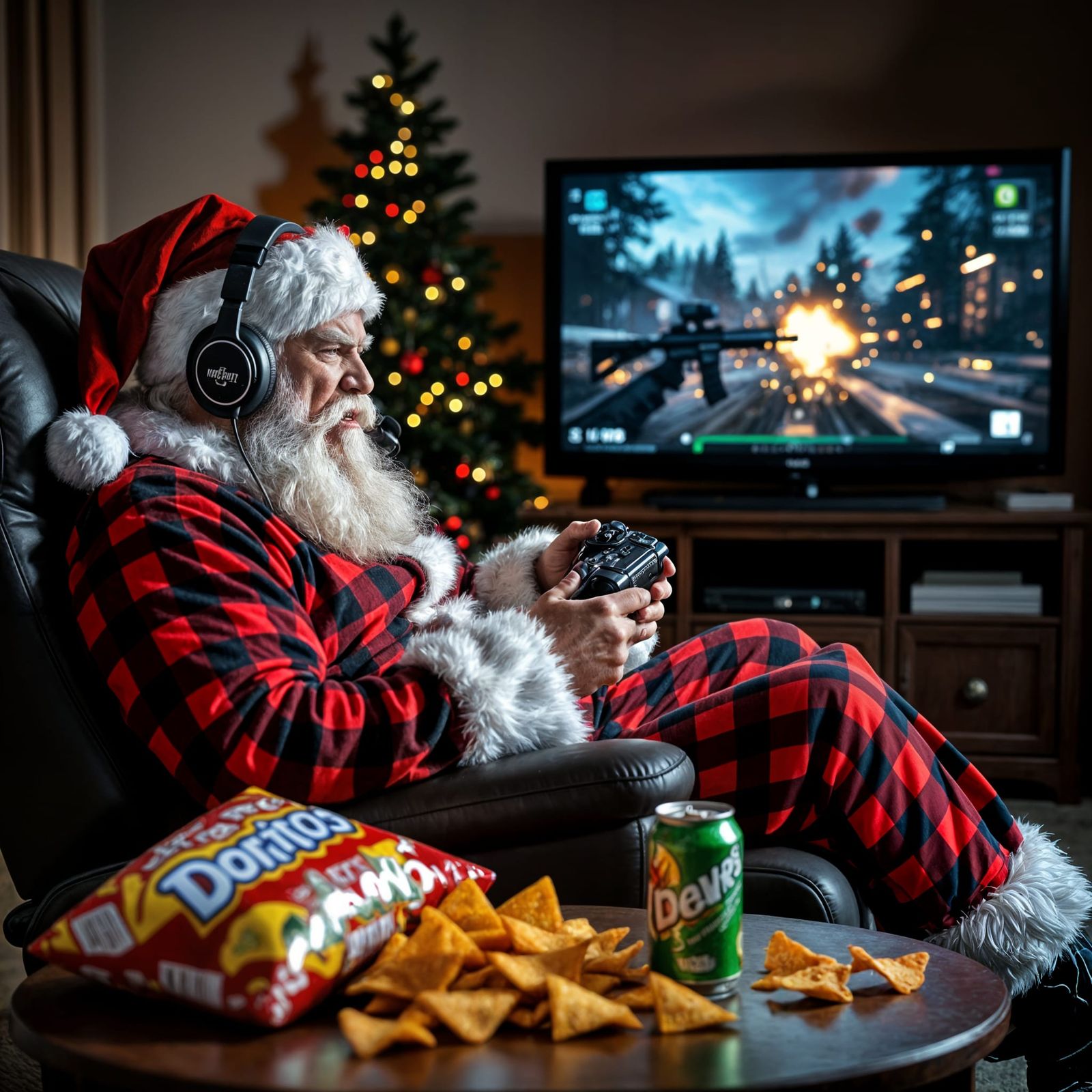 Angry Santa Gaming in Pajamas with Doritos