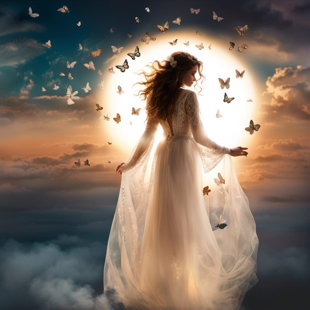 Enchanted Cloudscape with Pointillist Butterflies