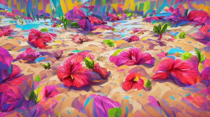 Vivid Hibiscus Flowers on Tropical Beach: Pastel Art