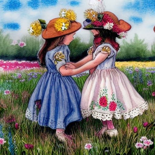 Girls in Meadow, Folk Art Watercolor Illustration
