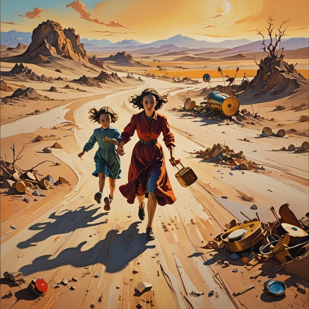 Surreal Escape: Woman and Child in Desolate Landscape