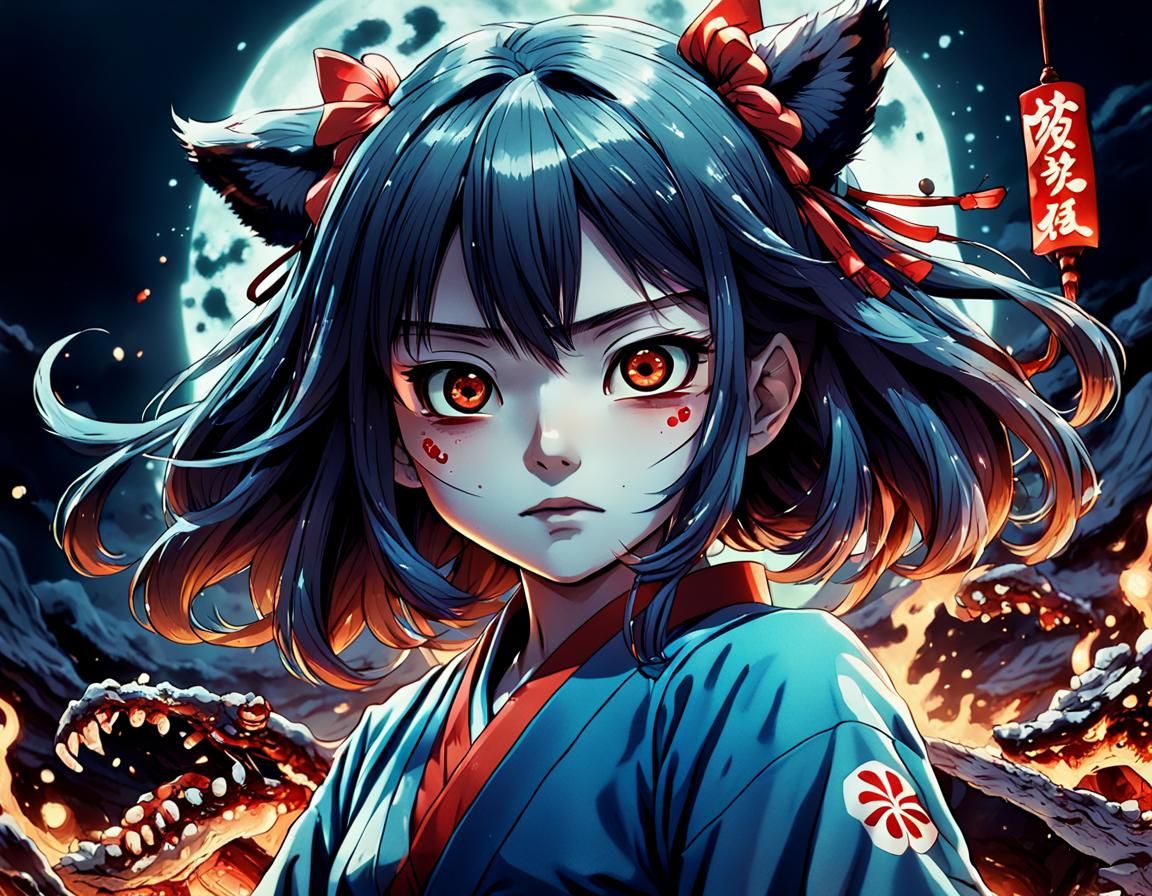 Yokai Maiden Portrait in Anime Horror Style