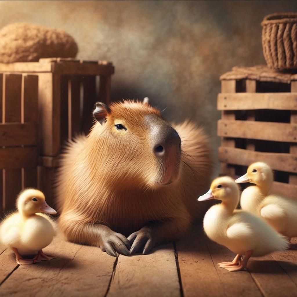 Capybara Surrounded by Curious Ducks