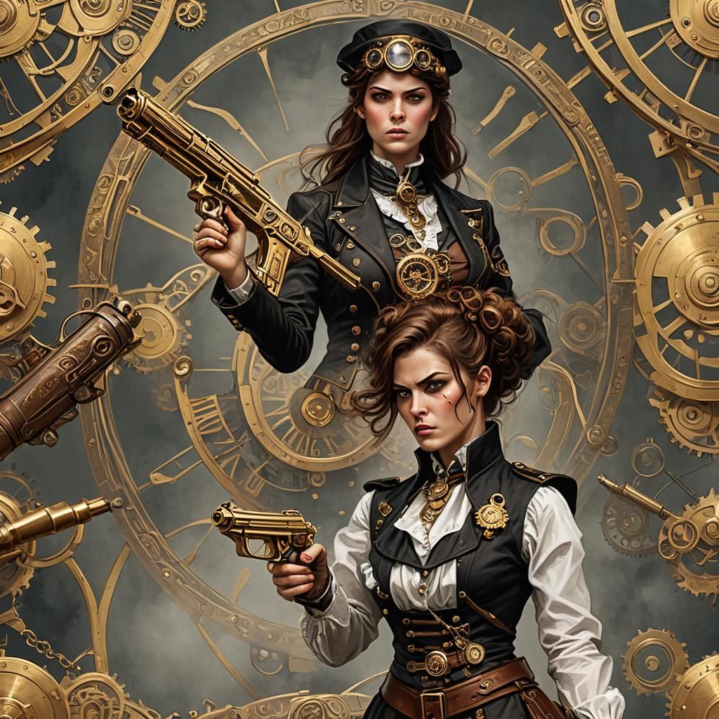 Steampunk Woman with Golden Gun