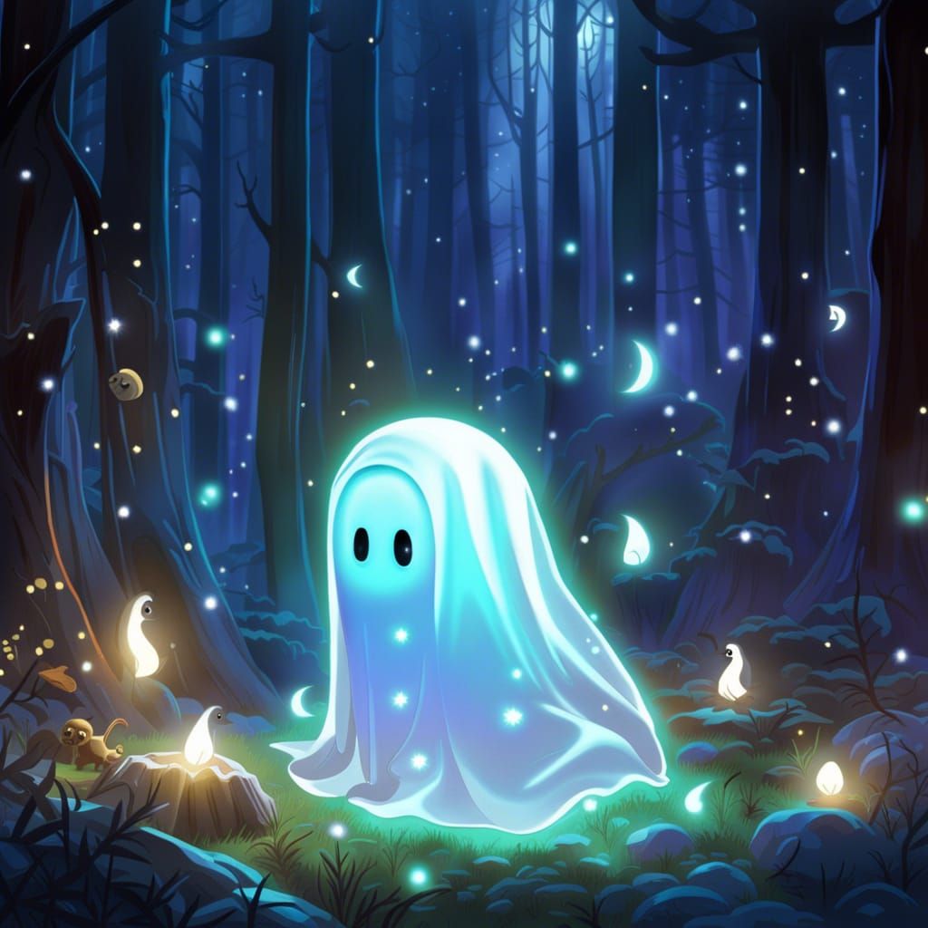 Adorable Chibi Ghost in Forest, Pixar Style