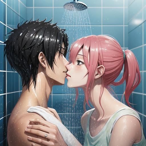 Anime Style: Boy and Girl Kissing in Shower