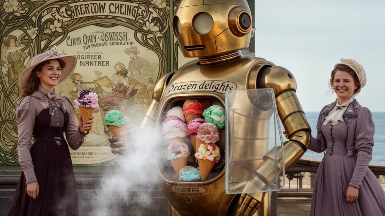 Victorian Robot Ice Cream Seller on Seaside Promenade