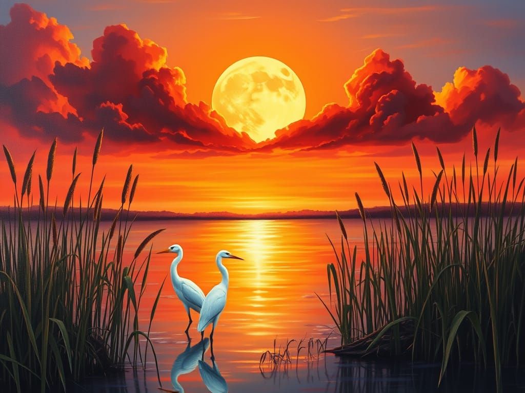 Tranquil Wetland Sunset with Moonlit Herons