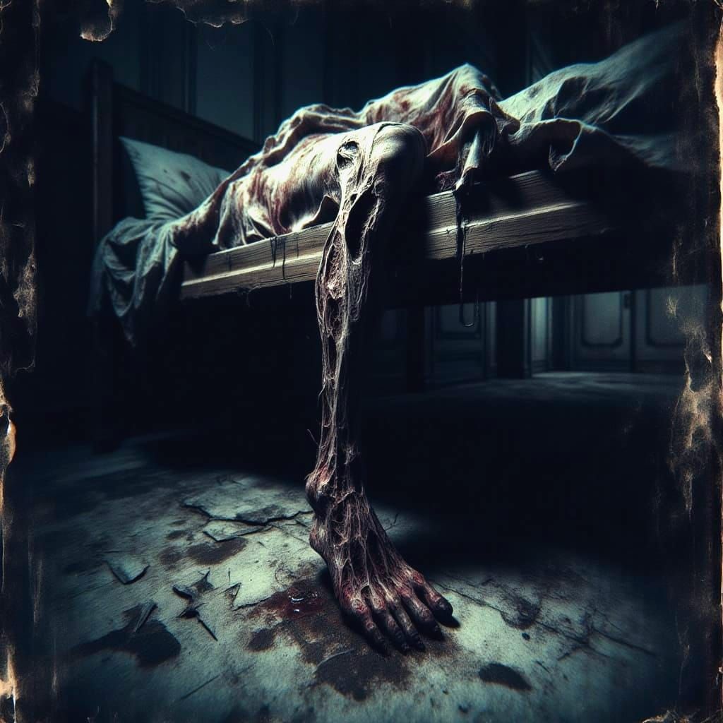 Creepy Ghost Hides Beneath Bare Foot in Dimly Lit Room