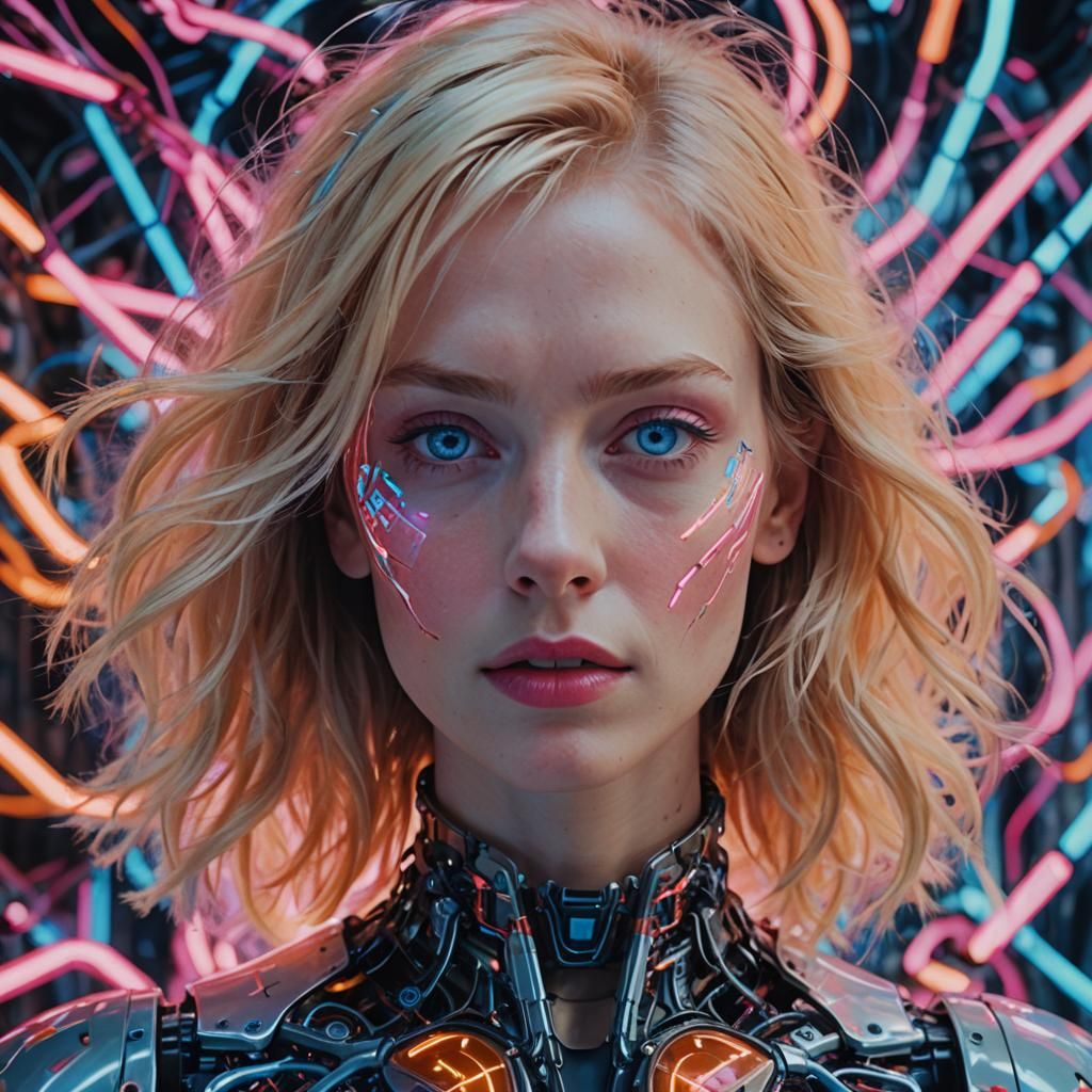 AI Woman Merges in Pink and Orange Neural Network