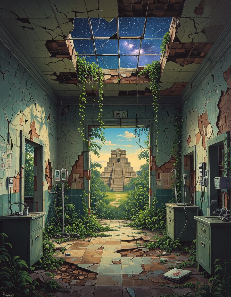 Surreal Aztec Hospital Dreamscape in Oil on Canvas