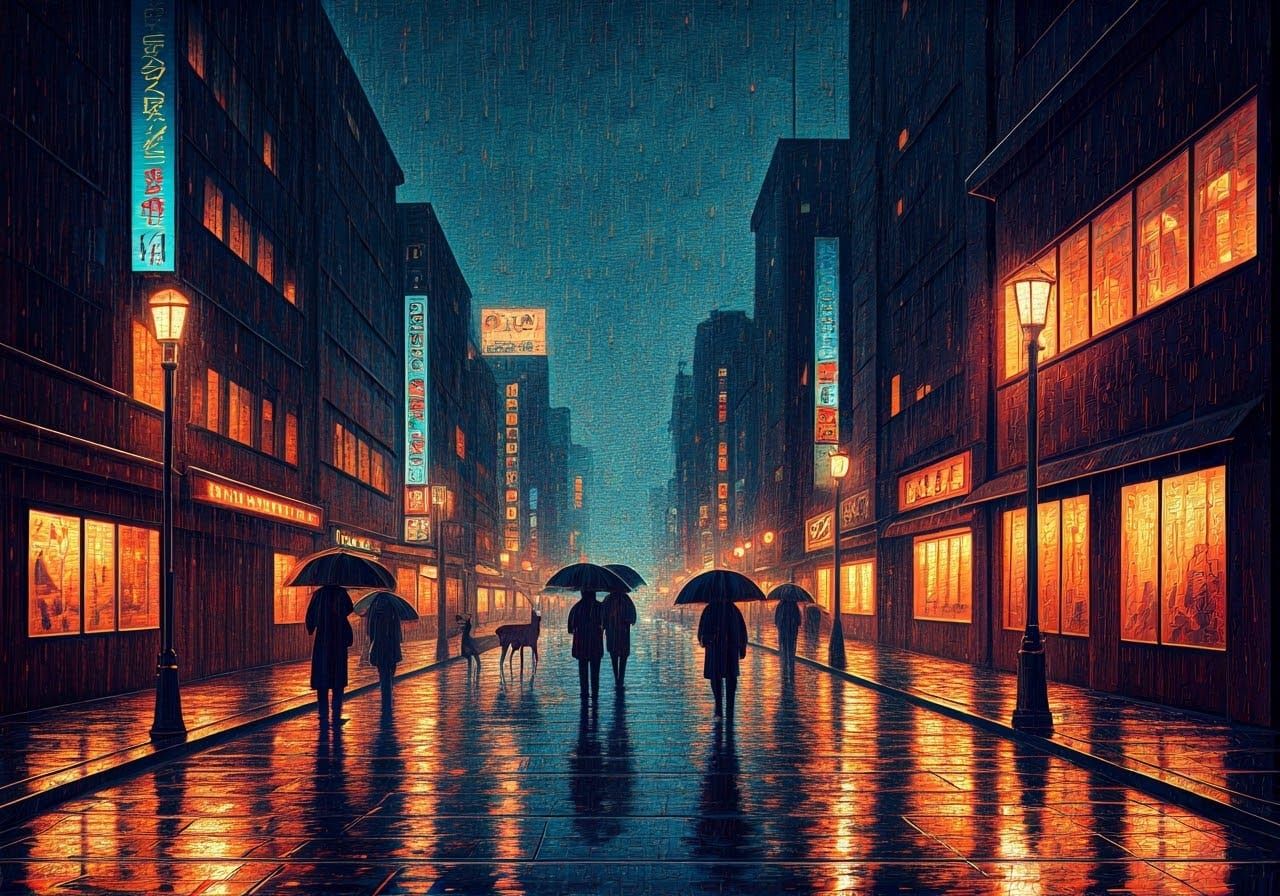 Rainy Cityscape in Pointillism Style