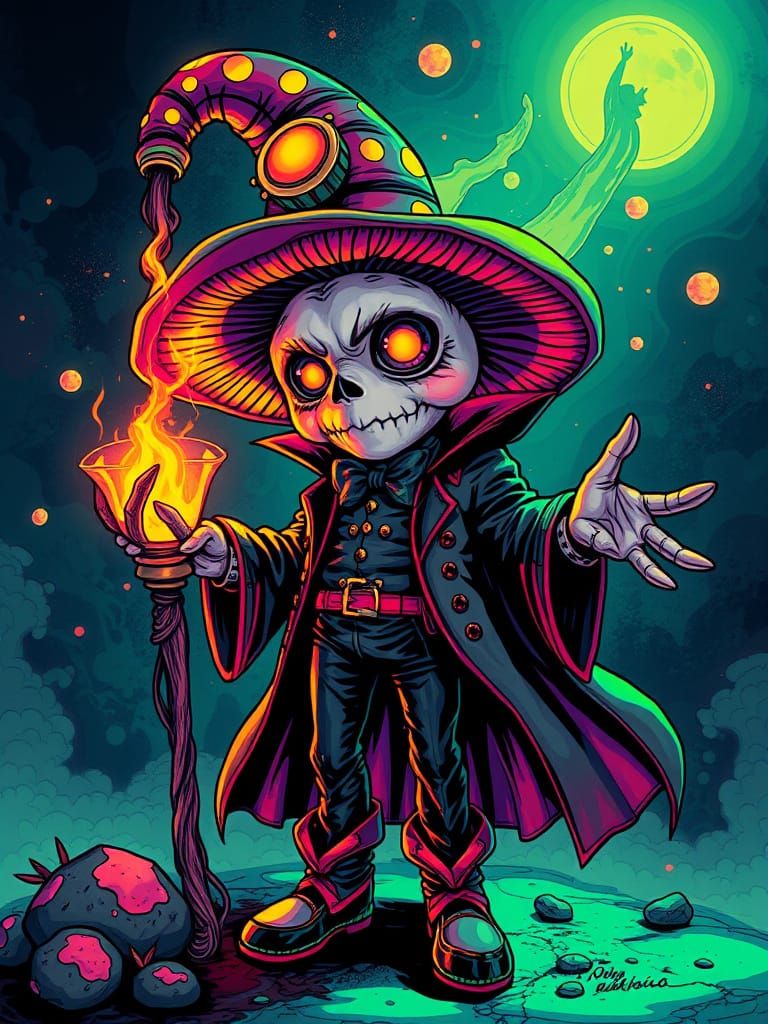 Mysterious Dark Punk Fungi Sorcerer in Vibrant Inks