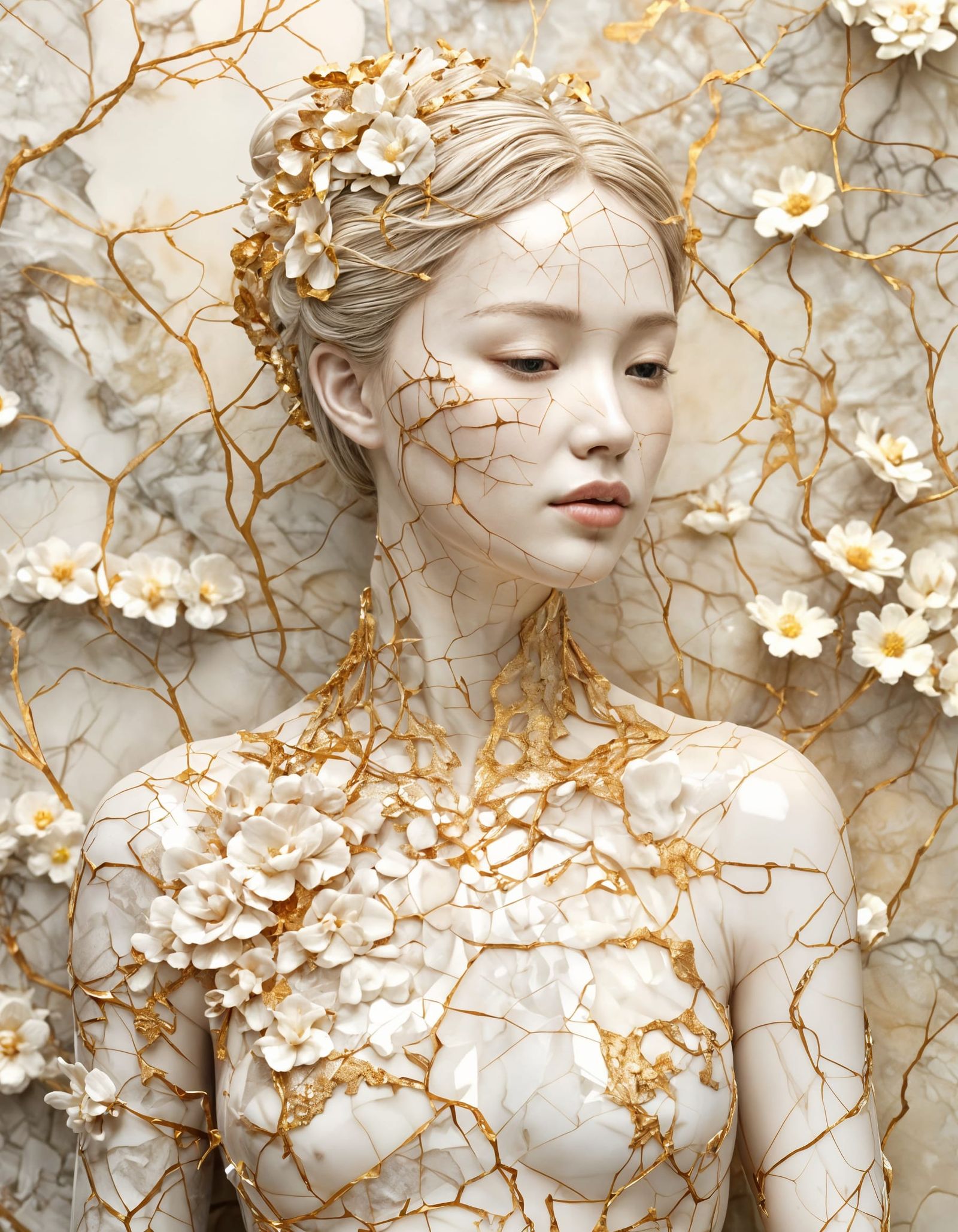 Cracked Porcelain Woman with Golden Kintsugi Accents