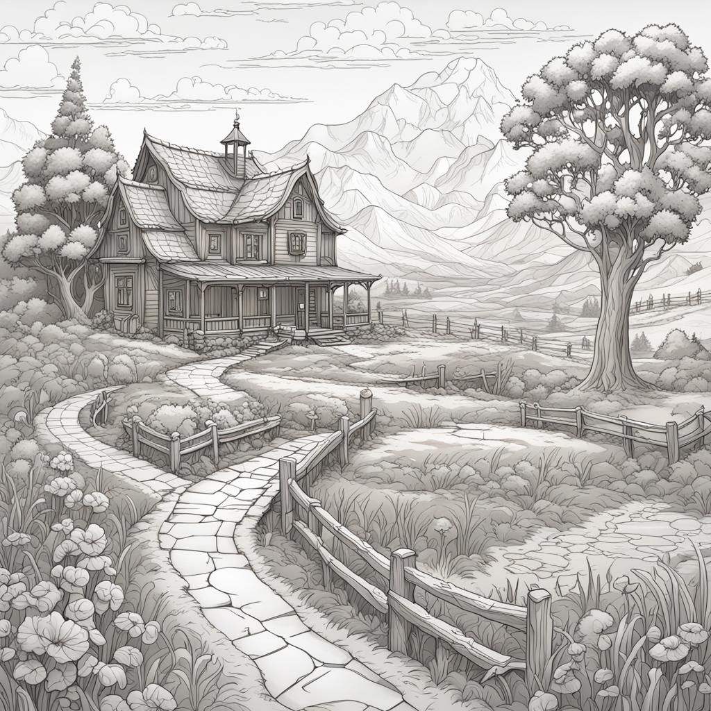 Coloring Book Style Country Road Illustration
