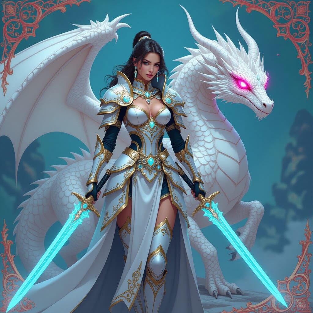 Powerful Beauty in Armor with Neon Dragon