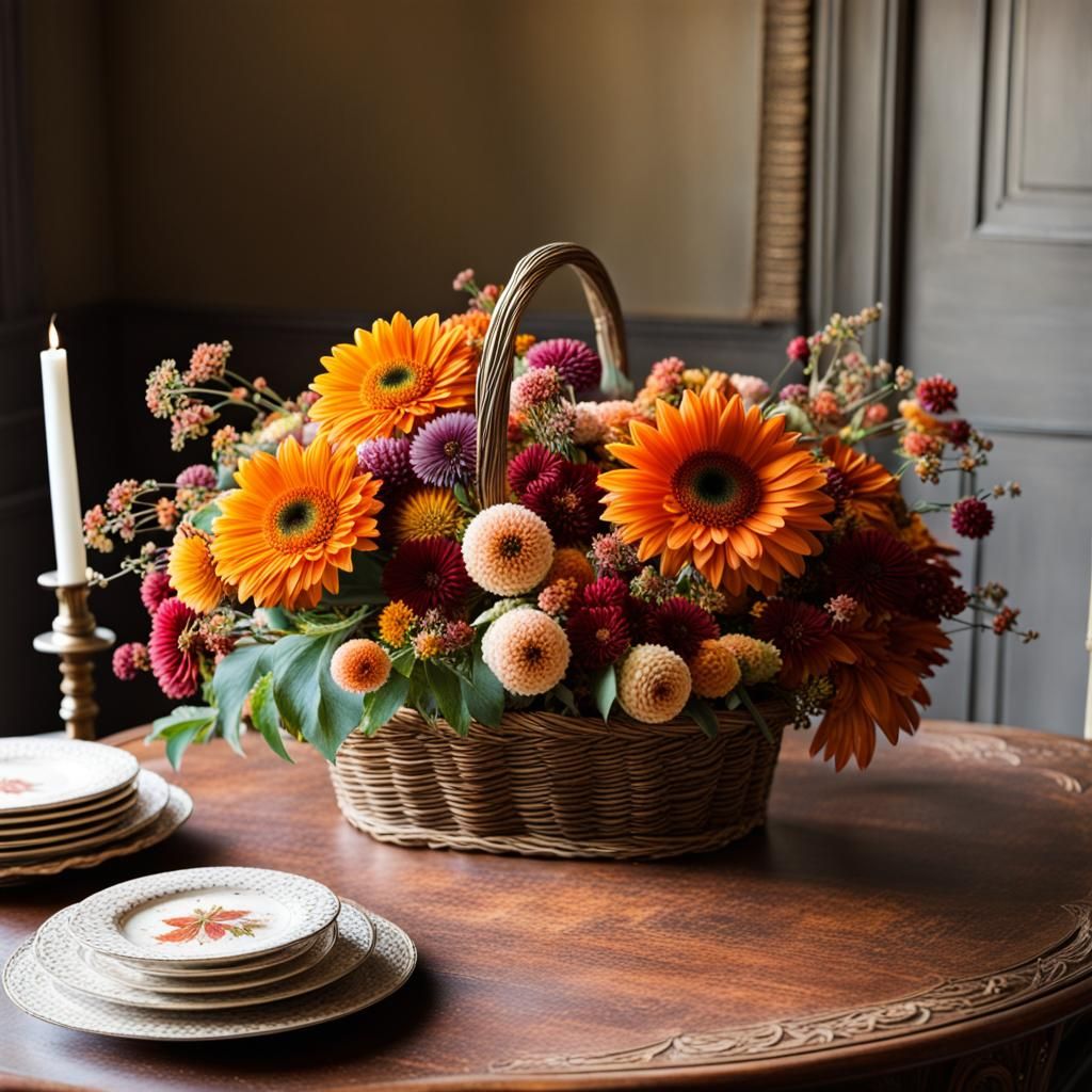 Victorian Table Still Life with Autumn Flowers