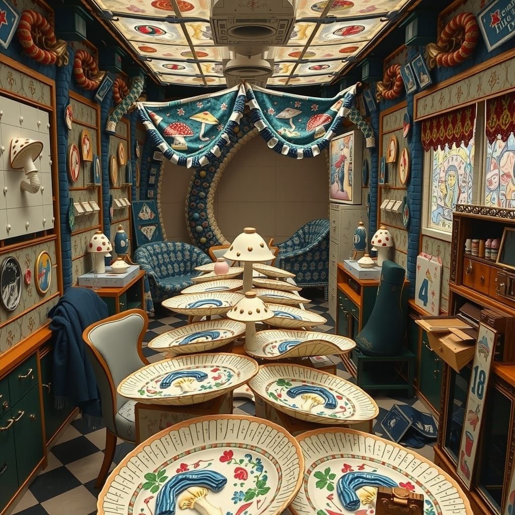 Giant Mushroom Flag Sculpture in Brutalist Setting