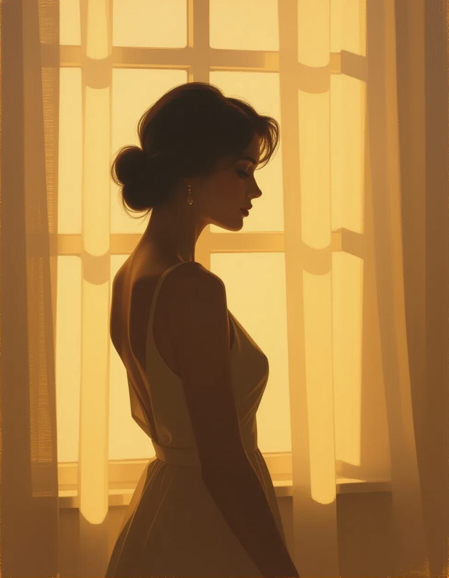 Woman in Golden Light Near Window Silhouette