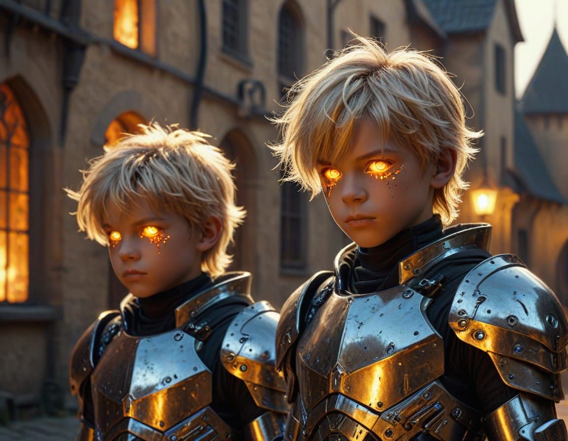 Cyberpunk Boys in Medieval Village Oil Painting