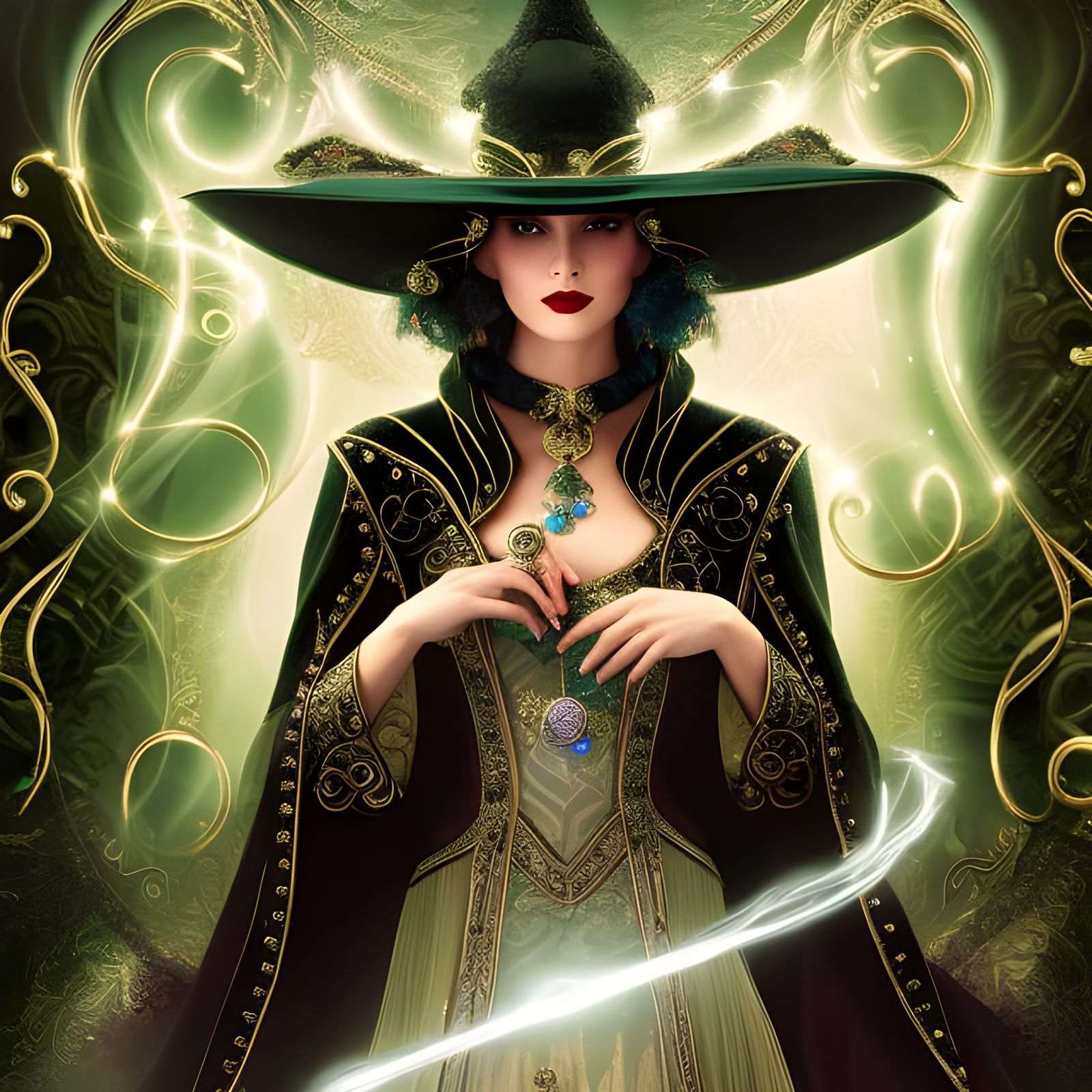 Beautiful Magician with Magic Wand in Art Nouveau Style