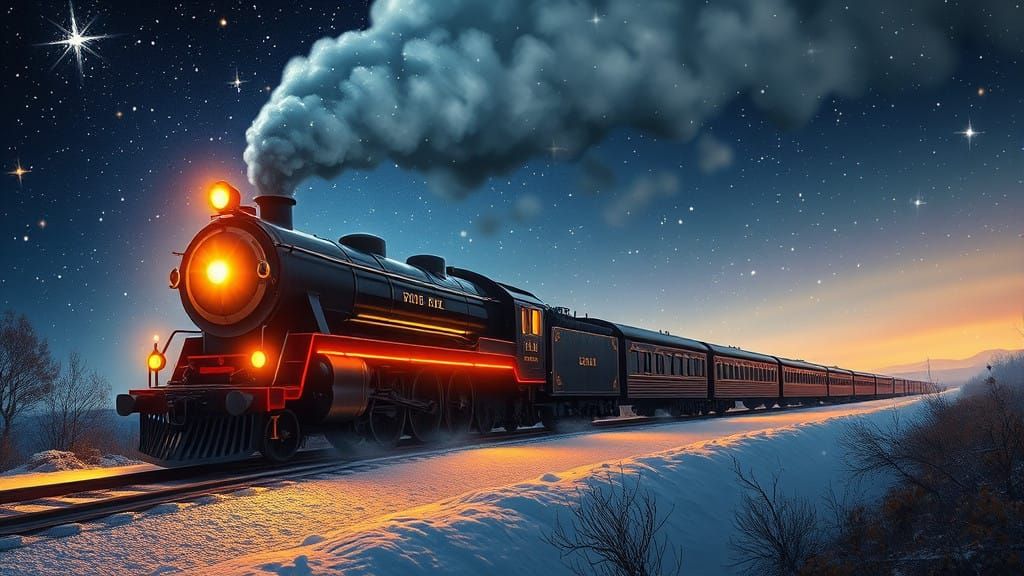 Majestic Steam Train Illuminates Starry Night Sky in Whimsic...