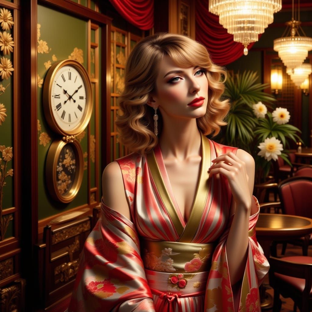 Taylor Swift as a Geisha-Inspired Geisha in a Vibrant Stripe...