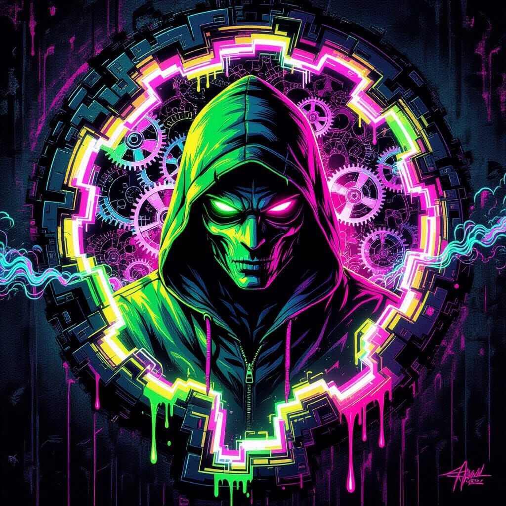 Psychedelic Neon Hooded Figure Through Liquid Keyhole