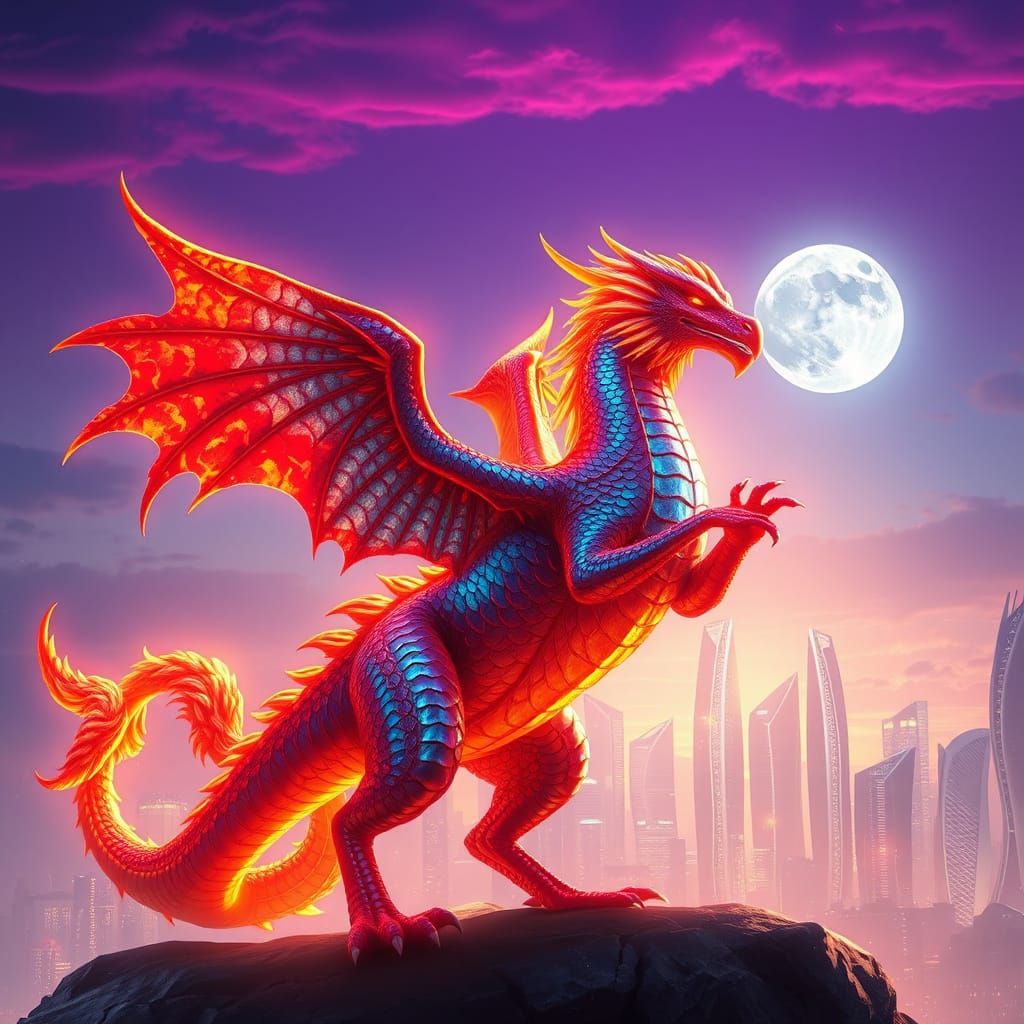 Majestic Dragon-Phoenix Hybrid Illuminates Futuristic Citysc...