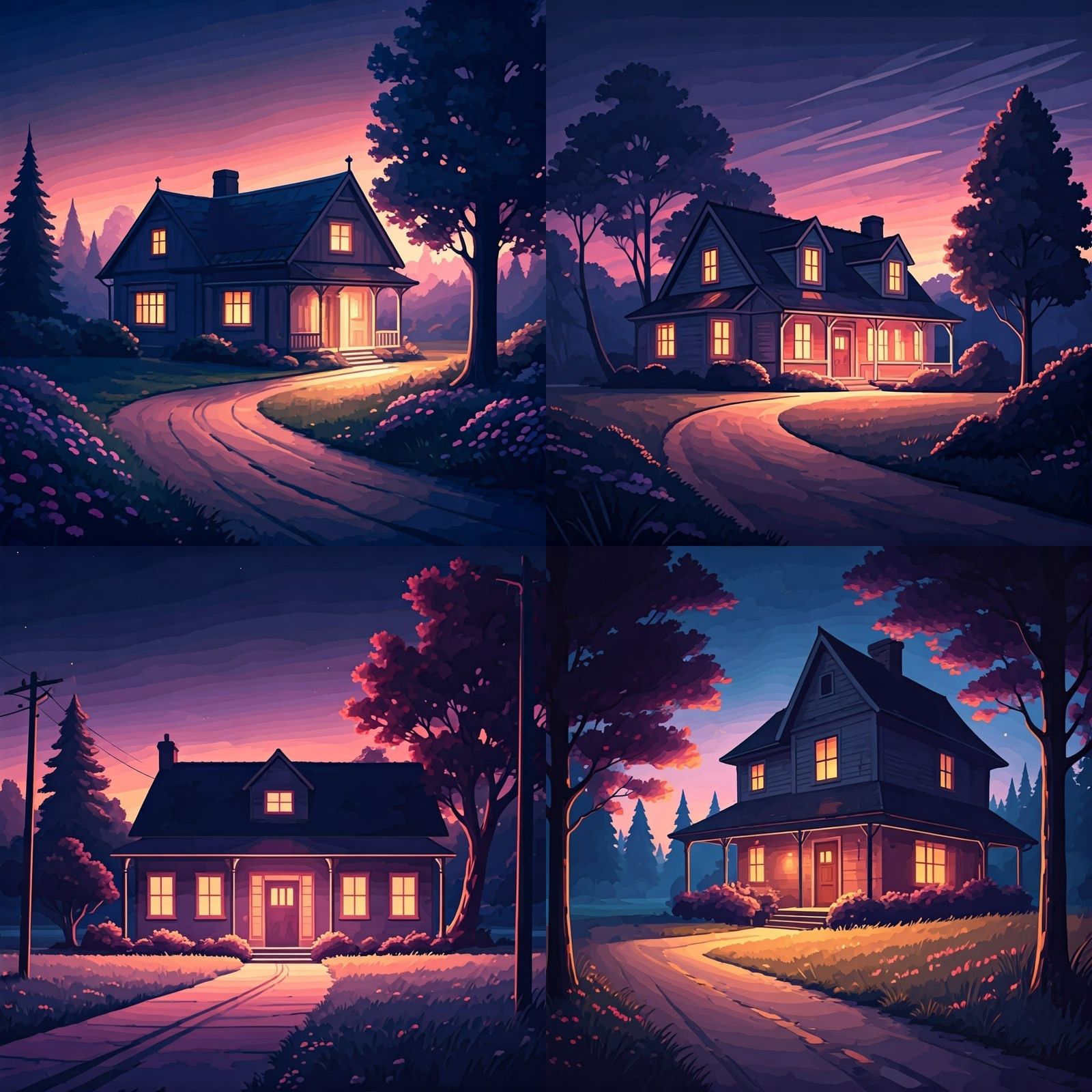 Rural Home at Dusk in Pastel Hues