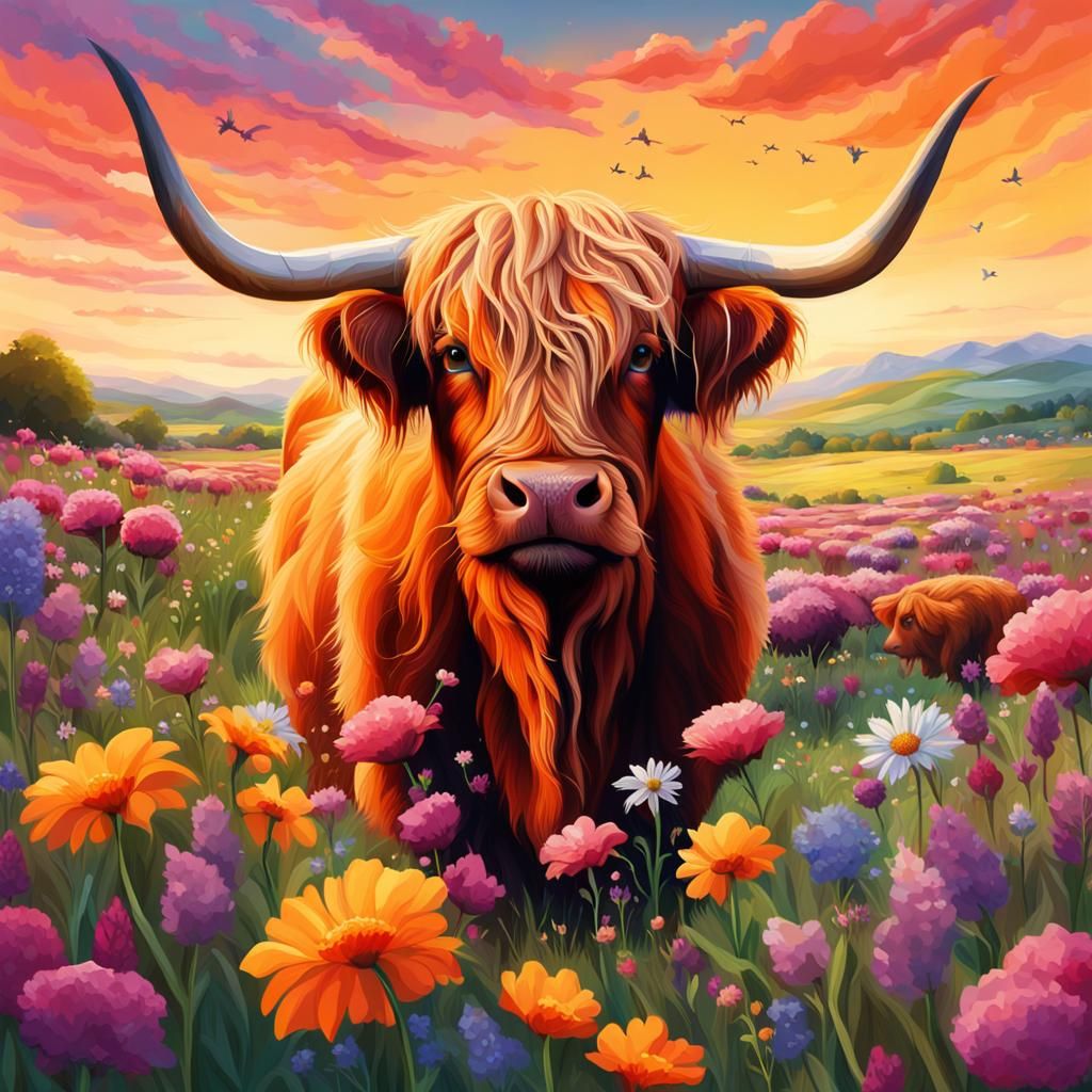 Highland Cows in a Flower Field: Hyperrealistic Splash Art