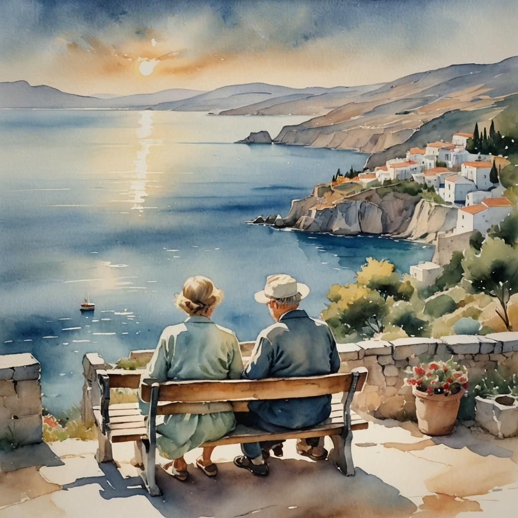Gentle Couple's Serene Greek Seaside Stroll in Impressionist...