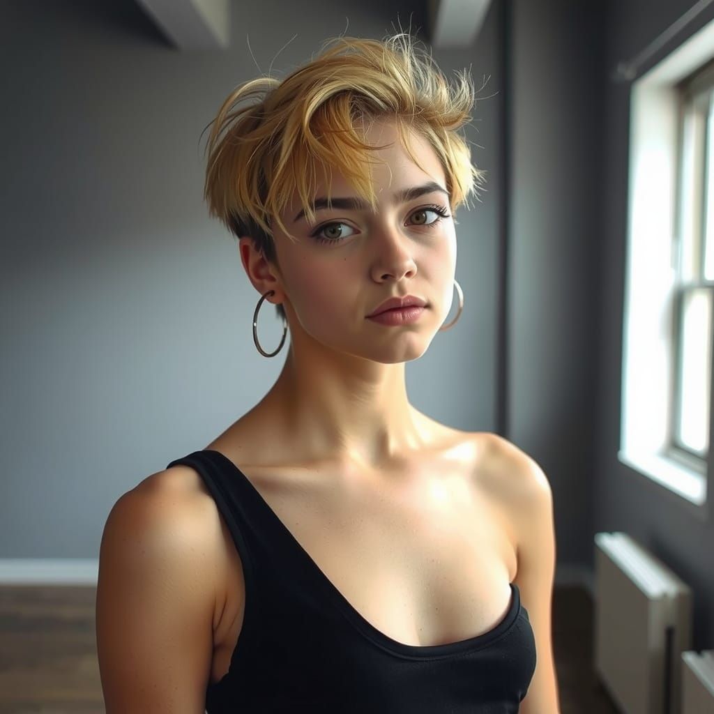 Captivating Young Woman in Loft Apartment, Soft Lighting