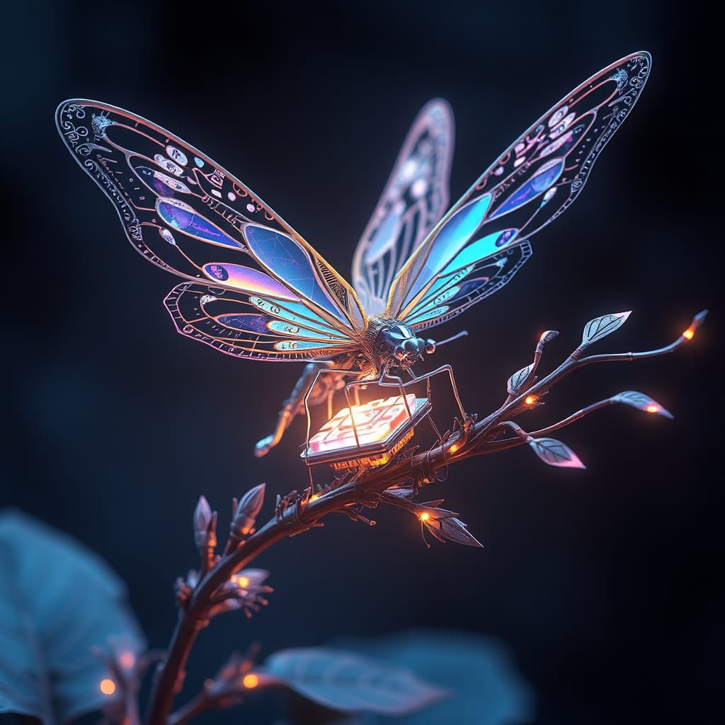 Robotic Butterfly on Cybernetic Plant Branch