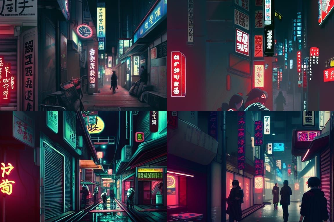 Cyberpunk Tokyo Alleyway with Girl Eating Noodles