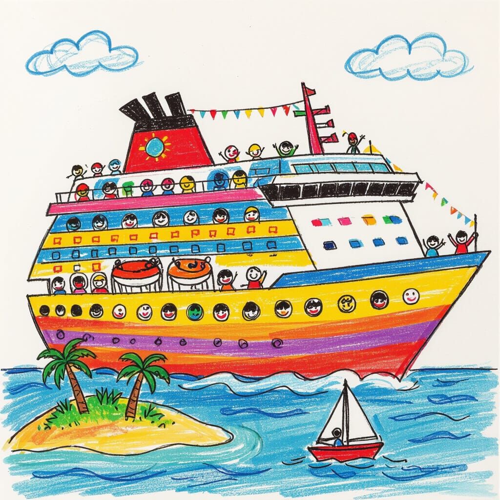 Child's Crayon Drawing of Joyful Cruise Ship Adventure