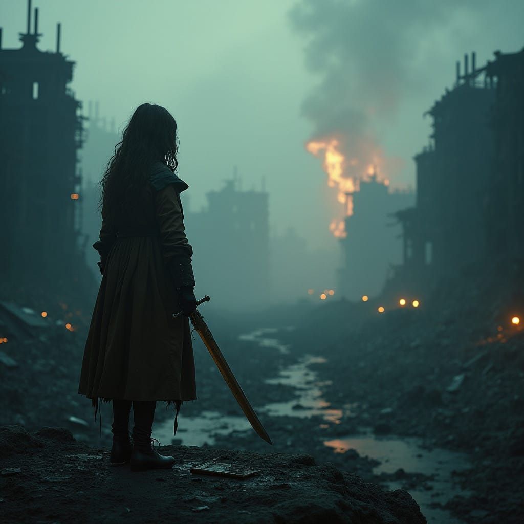 Gritty Post-Apocalyptic Warrior Stands at the Edge of Ruin