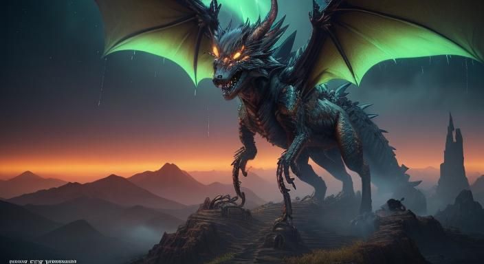Robotic Dragon-Wolf Soars Through Dark Fantasy Landscape