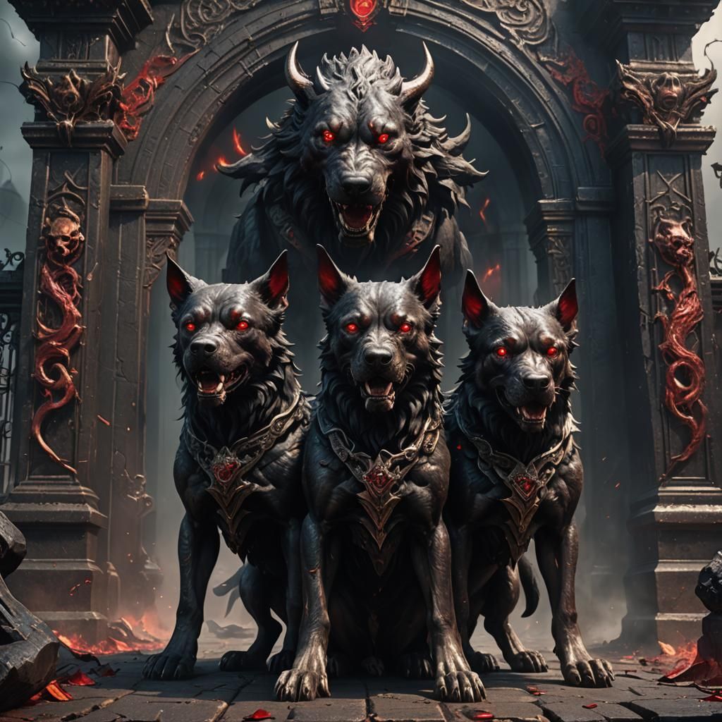 A powerful Cerberus, a three-headed dog guarding the gates o...
