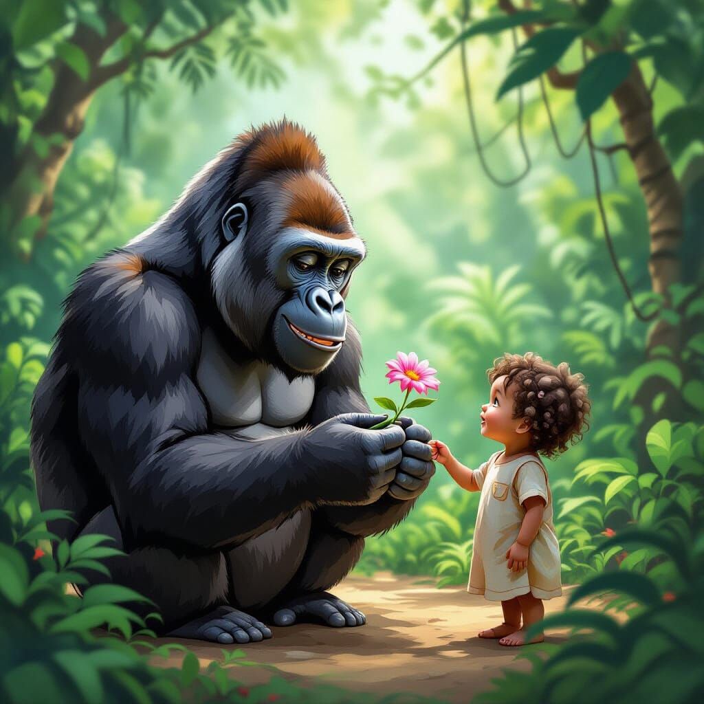 Kind Gorilla Offers Flower in Jungle Scene