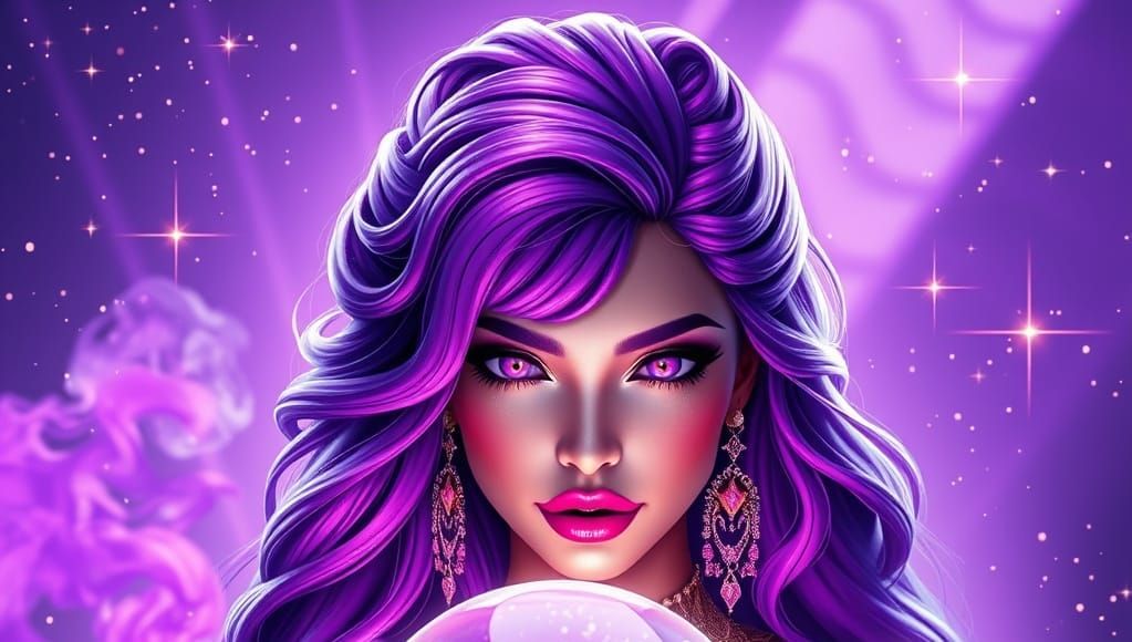 Mystical Fortune Teller in a Vibrant Purple Dreamscape