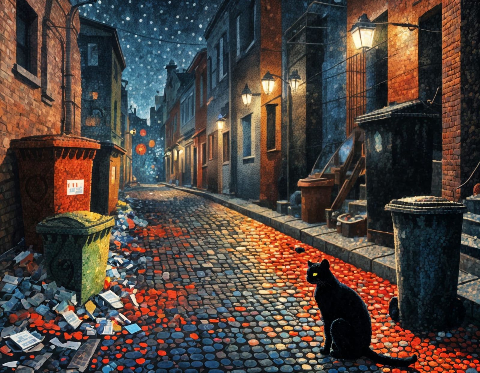 Black Cat in Alley, Pointillism Style