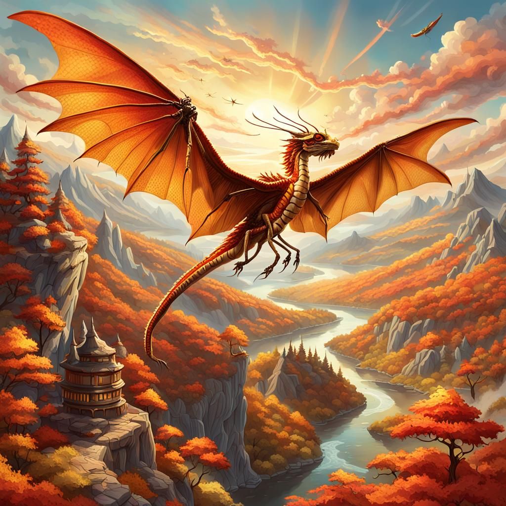 Dragon Soaring Over Autumn Landscape Illustration