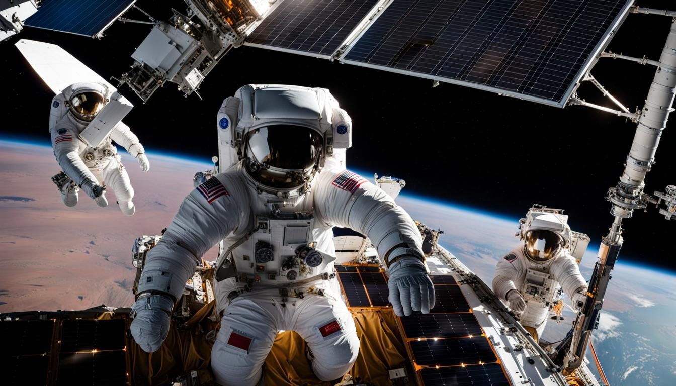 Astronauts Repairing Solar Panel in Void