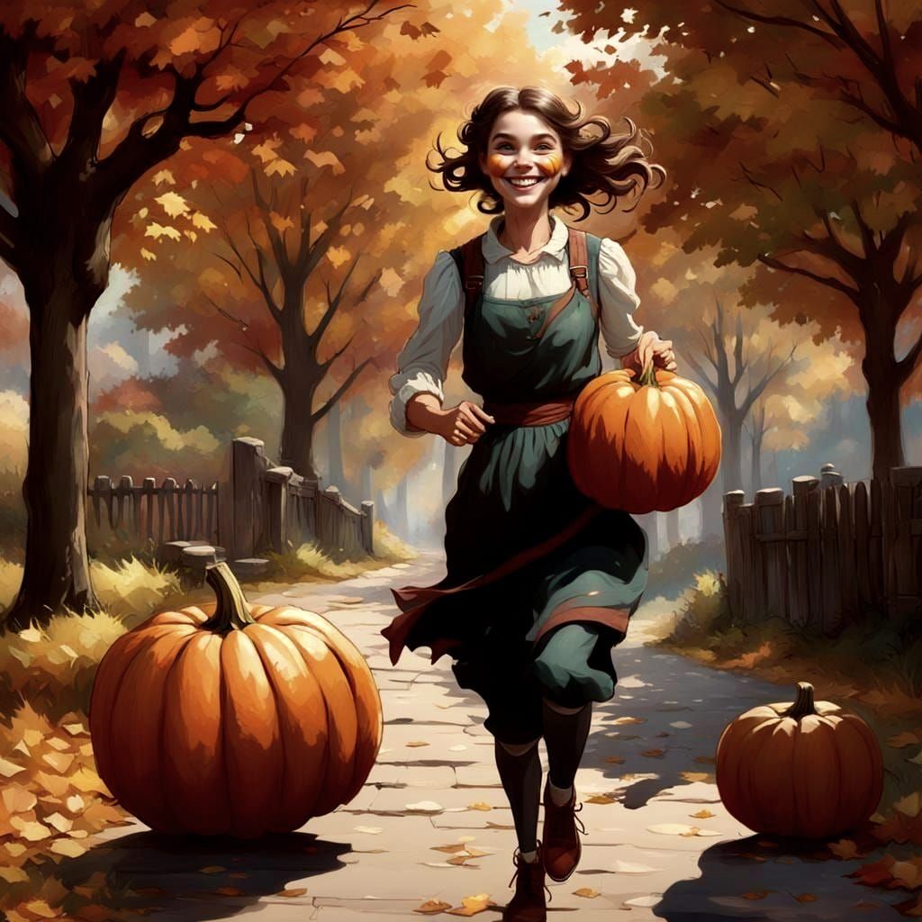 Girl with Pumpkin, Vintage Autumn Portrait