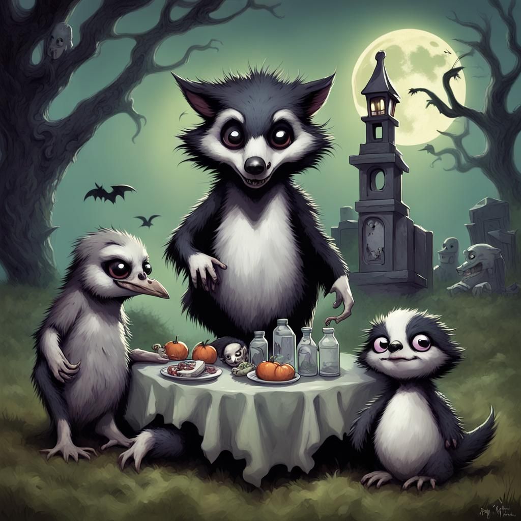 Spooky Baby Animals Picnic in Graveyard, Burton Style