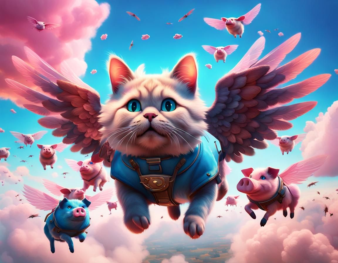 A fluffy cat with wings flying through a group of fly pigs. They smile at each other. Background fluffy pink and blue cl...