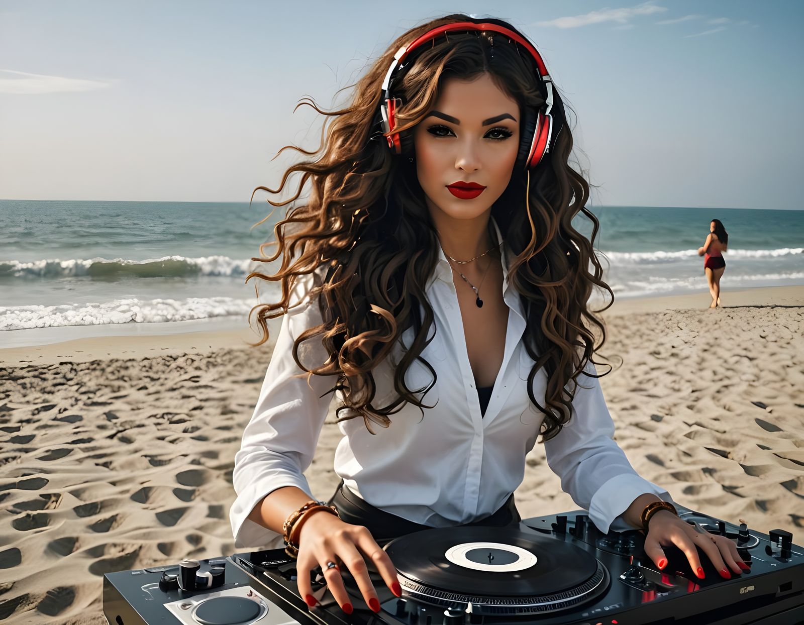 Confident DJ Commands Turntable with Volcanic Backdrop