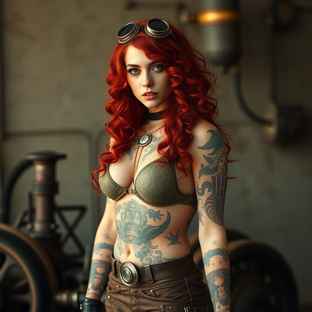 Steampunk Woman with Red Hair and Tattoos