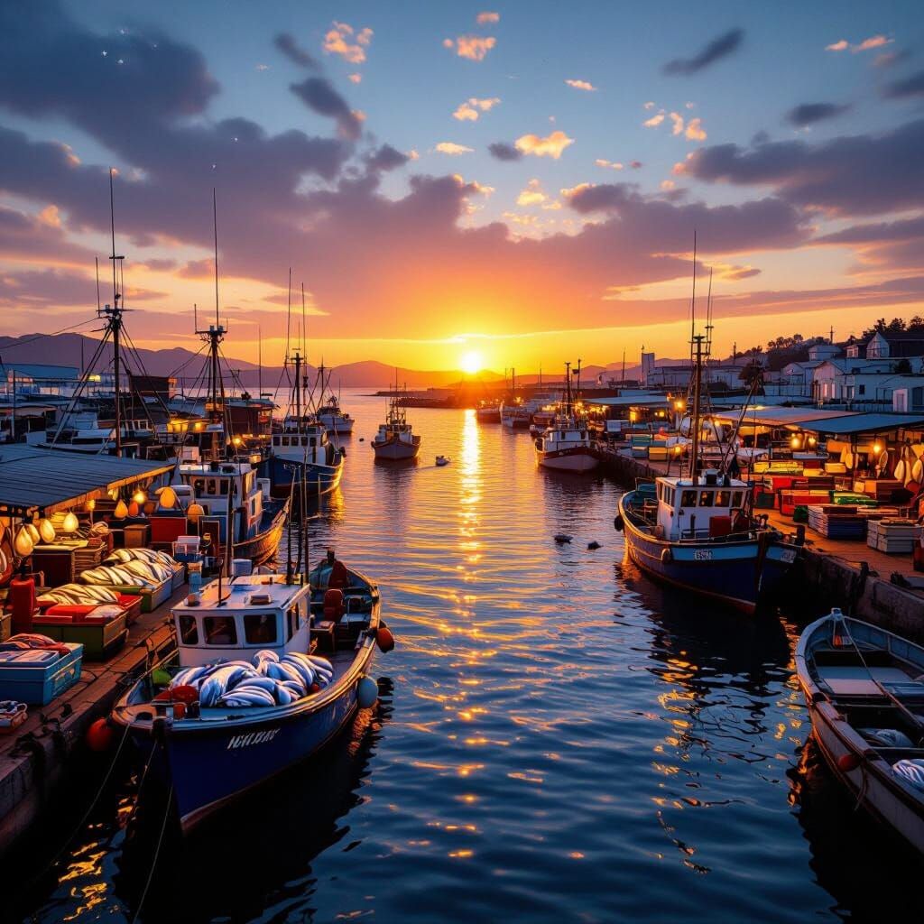 Vibrant Coastal Sunrise Over Bustling Harbor